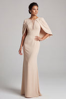 Load image into Gallery viewer, Champagne Mermaid Beaded Round Neck Long Satin Mother of the Bride Dress with Cape