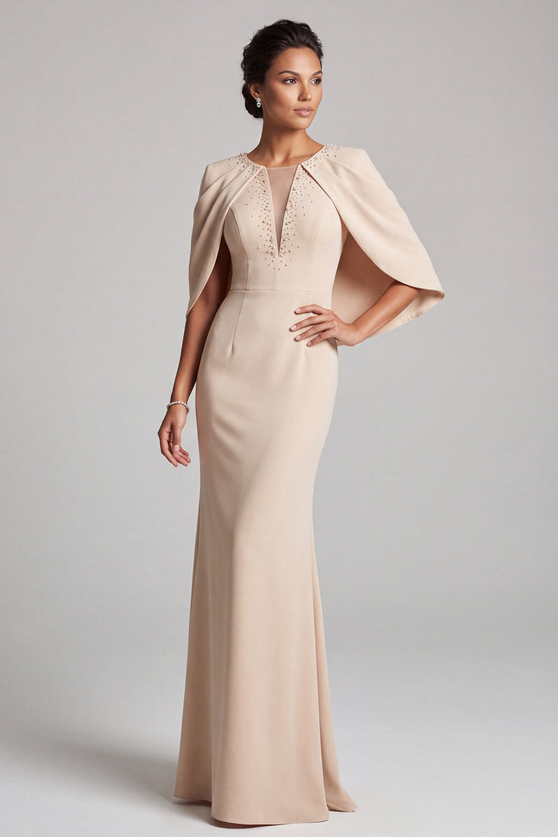 Load image into Gallery viewer, Champagne Mermaid Beaded Round Neck Long Satin Mother of the Bride Dress with Cape