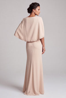 Champagne Mermaid Beaded Round Neck Long Satin Mother of the Bride Dress with Cape