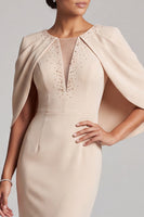 Load image into Gallery viewer, Champagne Mermaid Beaded Round Neck Long Satin Mother of the Bride Dress with Cape