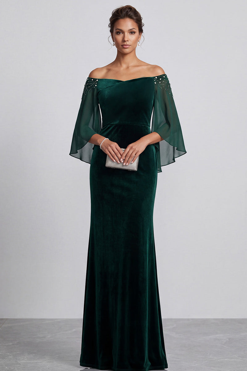 Load image into Gallery viewer, Dark Green Mermaid Beaded Velvet Off the Shoulder Long Mother of the Bride Dress with Sleeves