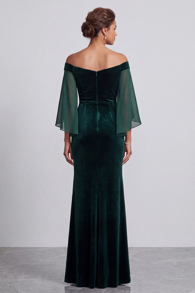 Load image into Gallery viewer, Dark Green Mermaid Beaded Velvet Off the Shoulder Long Mother of the Bride Dress with Sleeves