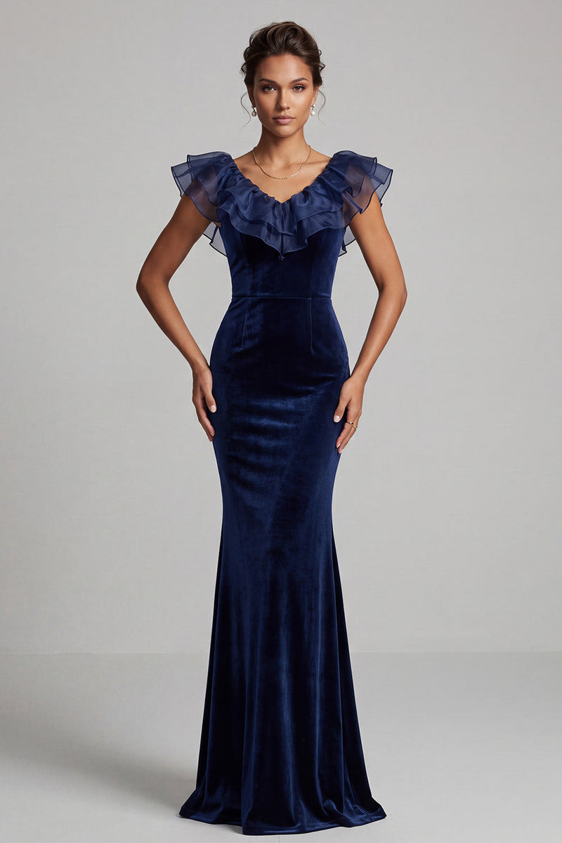 Load image into Gallery viewer, Dark Blue Velvet Mermaid V-Neck Velvet Ruffled Long Formal Dress