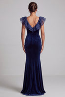 Load image into Gallery viewer, Dark Blue Velvet Mermaid V-Neck Velvet Ruffled Long Formal Dress