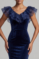Load image into Gallery viewer, Dark Blue Velvet Mermaid V-Neck Velvet Ruffled Long Formal Dress