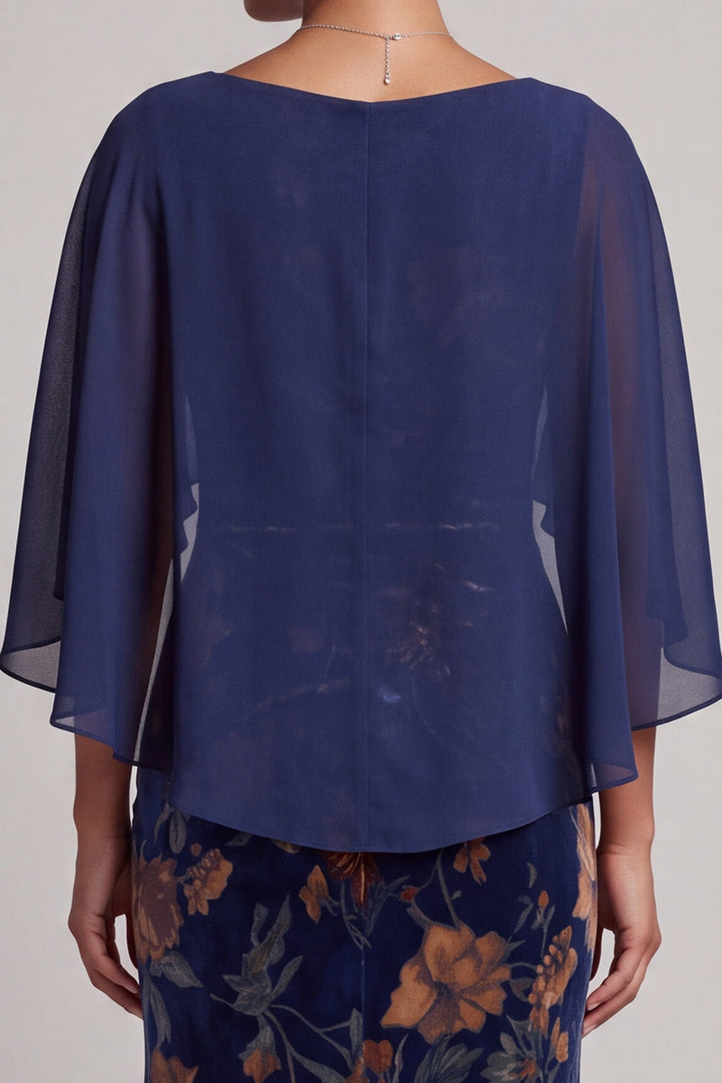 Load image into Gallery viewer, Dark Blue Mermaid Boat Neck Floral Velvet Long Mother of the Bride Dress with Cape