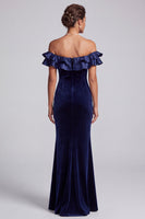 Load image into Gallery viewer, Navy Mermaid Off the Shoulder Velvet Ruffled Long Formal Dress