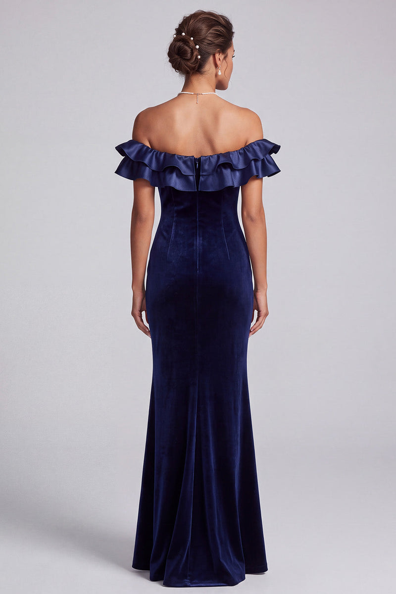 Load image into Gallery viewer, Navy Mermaid Off the Shoulder Velvet Ruffled Long Formal Dress