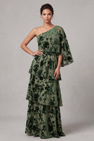 Load image into Gallery viewer, Dusty Sage A-Line One Shoulder Floral Ruffled Long Mother of the Bride Dress with Side Cape