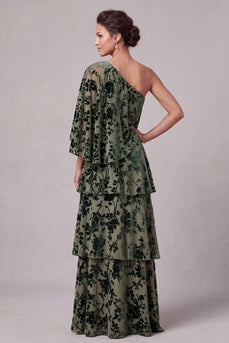 Dusty Sage A-Line One Shoulder Floral Ruffled Long Mother of the Bride Dress with Side Cape