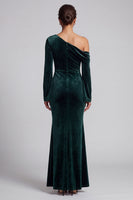 Load image into Gallery viewer, Dark Green Velvet Mermaid One Shoulder Ruched Long Sleeves Formal Dress