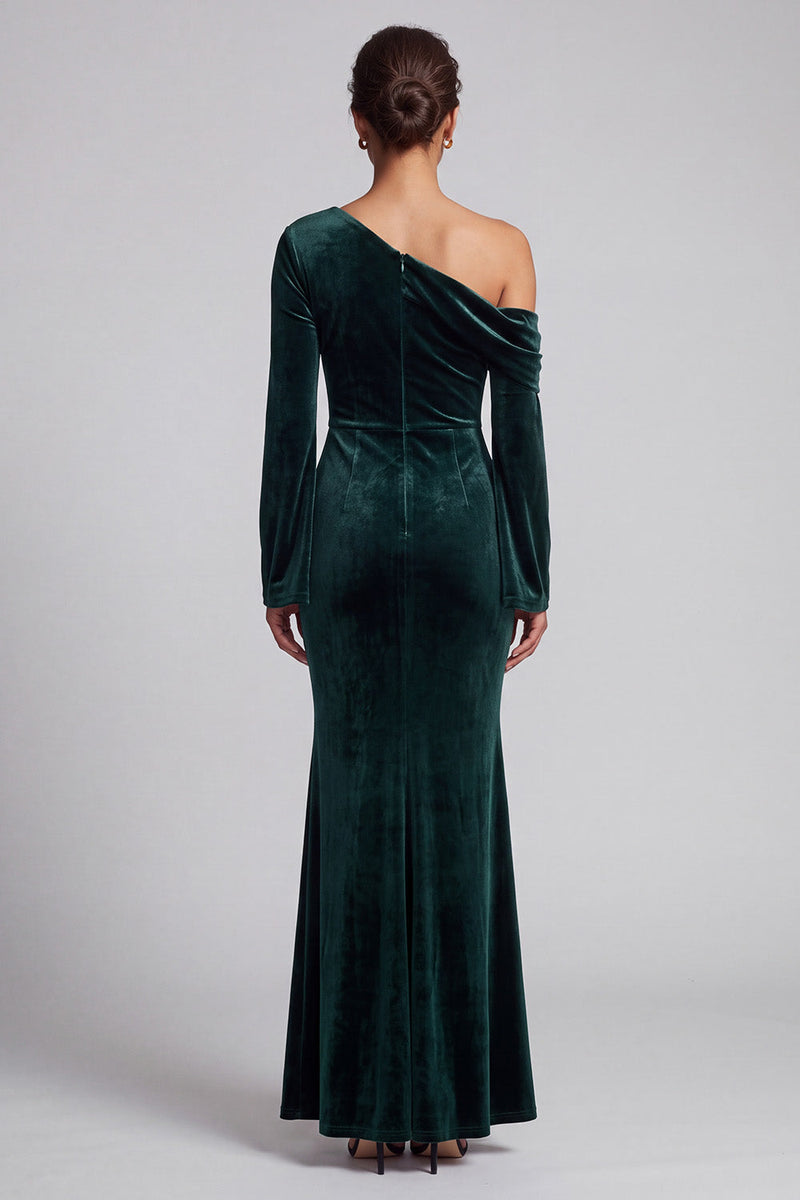 Load image into Gallery viewer, Dark Green Velvet Mermaid One Shoulder Ruched Long Sleeves Formal Dress