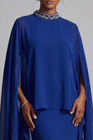 Load image into Gallery viewer, Dark Blue Sheath Beaded High Neck Ruffled Long Mother of the Bride Dress with Cape