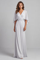 Load image into Gallery viewer, Light Grey V-Neck Floral Ruched Chiffon Sheath Long Mother of the Bride Dress