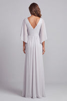 Load image into Gallery viewer, Light Grey V-Neck Floral Ruched Chiffon Sheath Long Mother of the Bride Dress