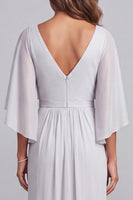 Load image into Gallery viewer, Light Grey V-Neck Floral Ruched Chiffon Sheath Long Mother of the Bride Dress
