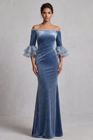 Load image into Gallery viewer, Dusty Blue Velvet Mermaid Ruffled Beaded Ruched Long Formal Dress with Sleeves