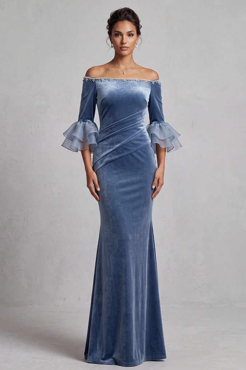 Load image into Gallery viewer, Dusty Blue Velvet Mermaid Ruffled Beaded Ruched Long Formal Dress with Sleeves