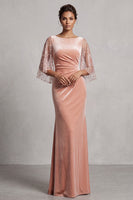 Load image into Gallery viewer, Sparkly Peach Mermaid Velvet Ruched Long Mother of the Bride Dress with Sleeves