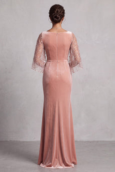 Sparkly Peach Mermaid Velvet Ruched Long Mother of the Bride Dress with Sleeves