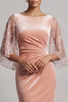 Load image into Gallery viewer, Sparkly Peach Mermaid Velvet Ruched Long Mother of the Bride Dress with Sleeves
