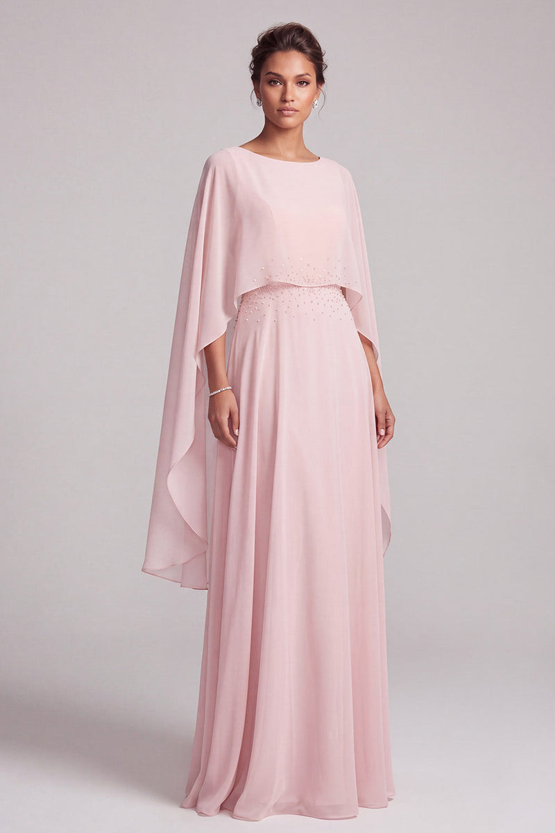 Load image into Gallery viewer, Blush A-Line 2 Piece Chiffon Round Neck Beaded Long Mother of the Bride Dress with Cape