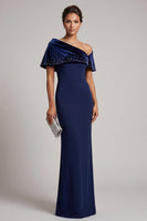 Load image into Gallery viewer, Dark Blue Mermaid Beaded Asymmetrical Neck Satin Long Mother of the Bride Dress with Cape
