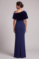 Load image into Gallery viewer, Dark Blue Mermaid Beaded Asymmetrical Neck Satin Long Mother of the Bride Dress with Cape