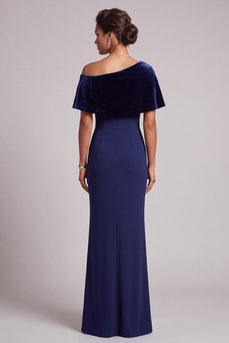 Dark Blue Mermaid Beaded Asymmetrical Neck Satin Long Mother of the Bride Dress with Cape