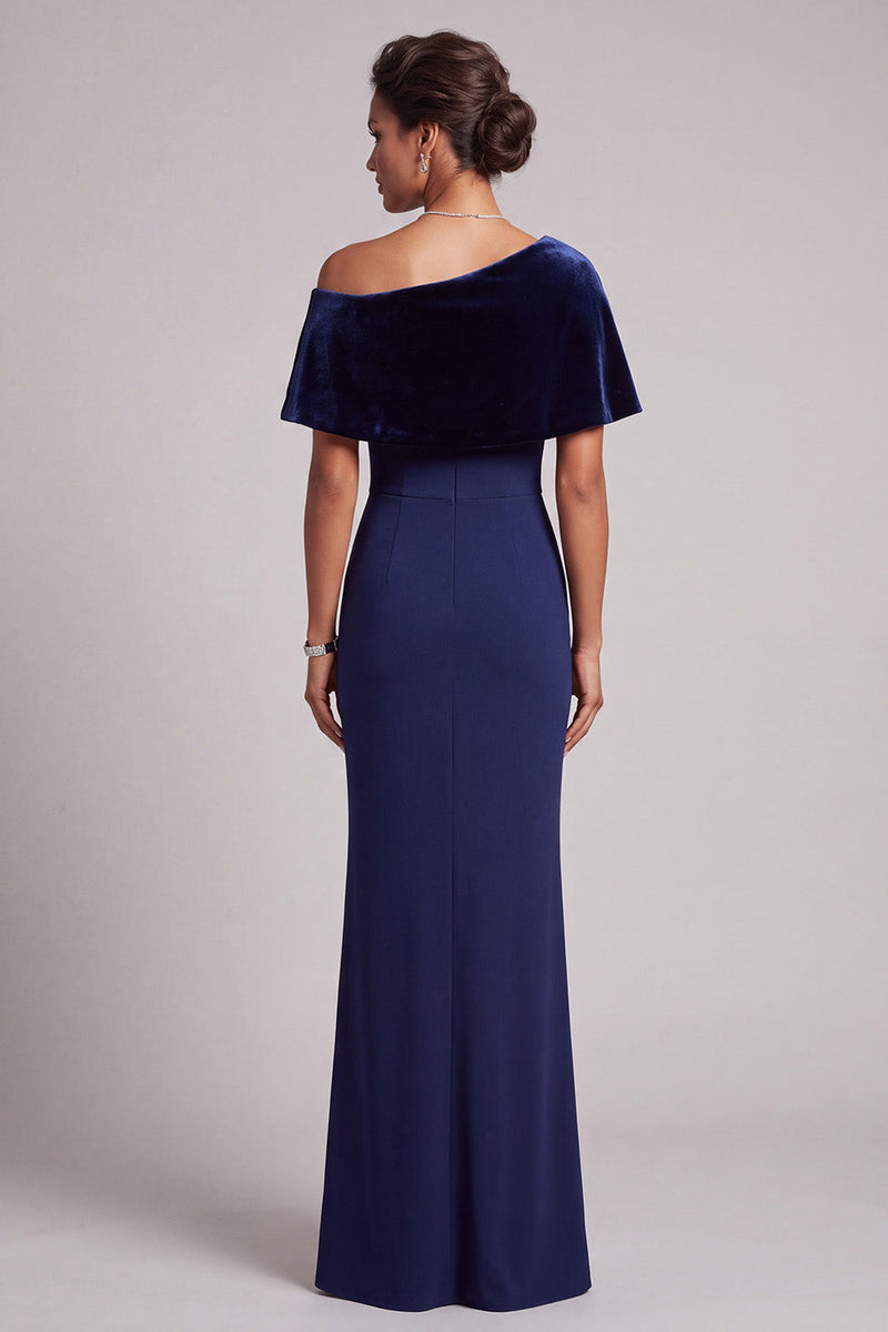 Load image into Gallery viewer, Dark Blue Mermaid Beaded Asymmetrical Neck Satin Long Mother of the Bride Dress with Cape