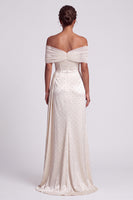 Load image into Gallery viewer, Sparkly Ivory Sheath Beaded Off the Shoulder Ruched High Low Formal Dress with Side Cape