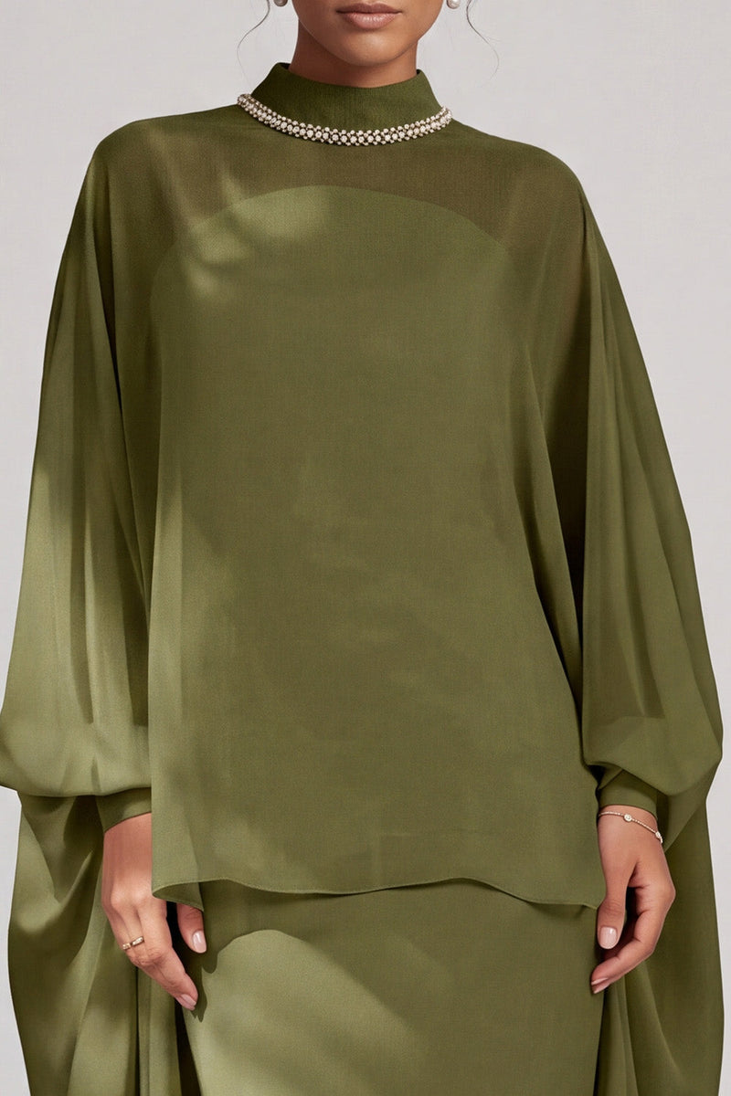 Load image into Gallery viewer, Olive Sheath High Neck Beaded Chiffon Long Sleeves Mother of the Bride Dress with Cape