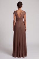 Load image into Gallery viewer, Simple Coffee Chiffon A-Line Pleated Long Formal Dress with Lace