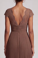 Load image into Gallery viewer, Simple Coffee Chiffon A-Line Pleated Long Formal Dress with Lace