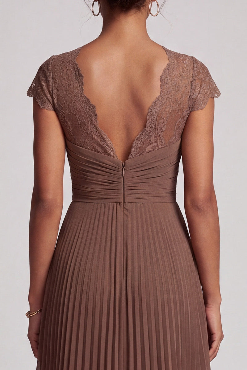 Load image into Gallery viewer, Simple Coffee Chiffon A-Line Pleated Long Formal Dress with Lace