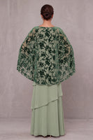 Load image into Gallery viewer, Dusty Sage Floral Ruffled Sheath Beaded 2 Piece Long Mother of the Bride Dress with Cape