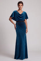 Load image into Gallery viewer, Peacock Blue Mermaid Cowl Neck Fringed Velvet Long Mother of the Bride Dress with Cape