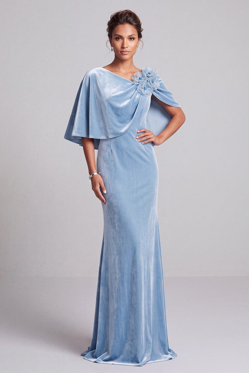 Load image into Gallery viewer, Light Blue Mermaid Asymmetrical Neck Long Velvet Mother of the Bride Dress with 3D Flowers