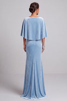 Load image into Gallery viewer, Light Blue Mermaid Asymmetrical Neck Long Velvet Mother of the Bride Dress with 3D Flowers