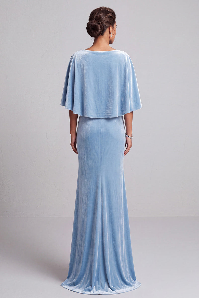 Load image into Gallery viewer, Light Blue Mermaid Asymmetrical Neck Long Velvet Mother of the Bride Dress with 3D Flowers
