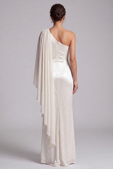 Sparkly Ivory Mermaid Beaded Ruched Long Mother of the Bride Dress with Side Cape