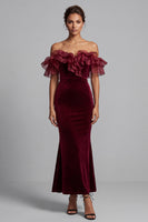 Load image into Gallery viewer, Burgundy Mermaid Off the Shoulder Ruffled Long Velvet Formal Dress