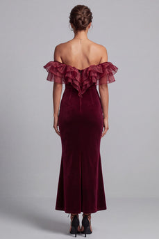 Burgundy Mermaid Off the Shoulder Ruffled Long Velvet Formal Dress