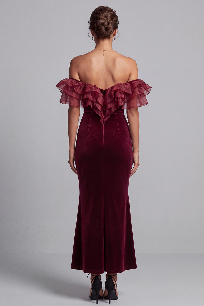 Load image into Gallery viewer, Burgundy Mermaid Off the Shoulder Ruffled Long Velvet Formal Dress