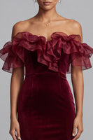 Load image into Gallery viewer, Burgundy Mermaid Off the Shoulder Ruffled Long Velvet Formal Dress