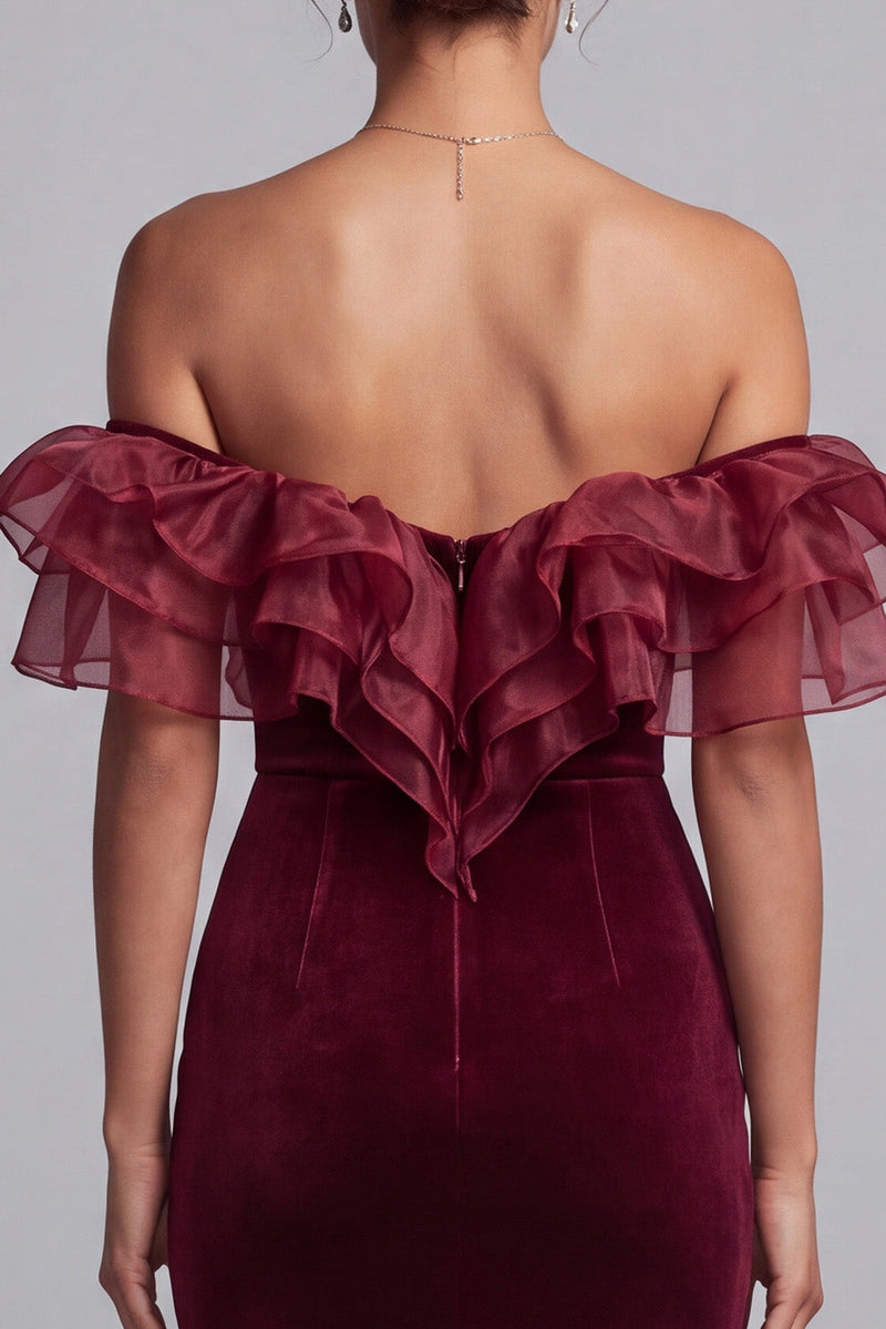 Load image into Gallery viewer, Burgundy Mermaid Off the Shoulder Ruffled Long Velvet Formal Dress