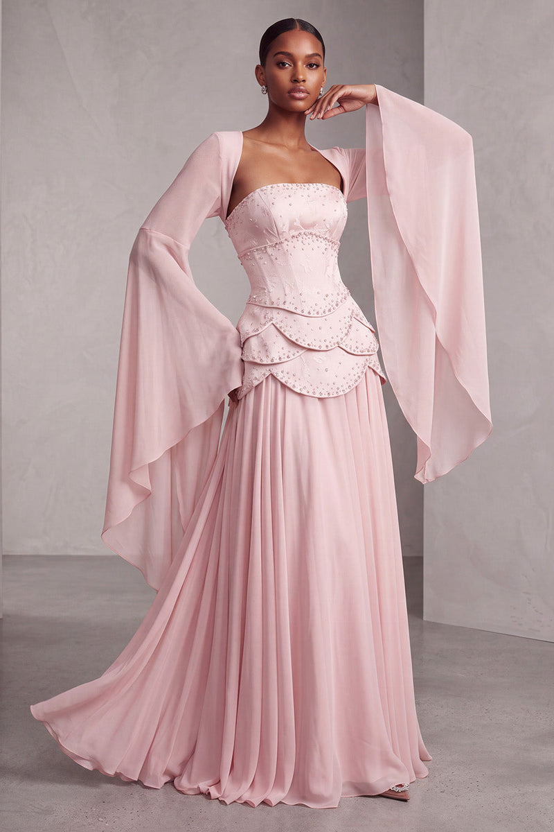 Load image into Gallery viewer, Blush Ruffled Beaded A Line Corset Long Sleeves Prom Dress