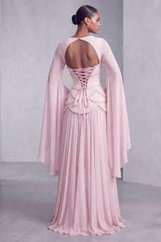 Blush Ruffled Beaded A Line Corset Long Sleeves Prom Dress