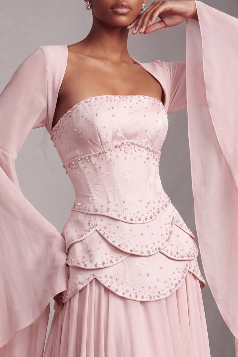 Load image into Gallery viewer, Blush Ruffled Beaded A Line Corset Long Sleeves Prom Dress