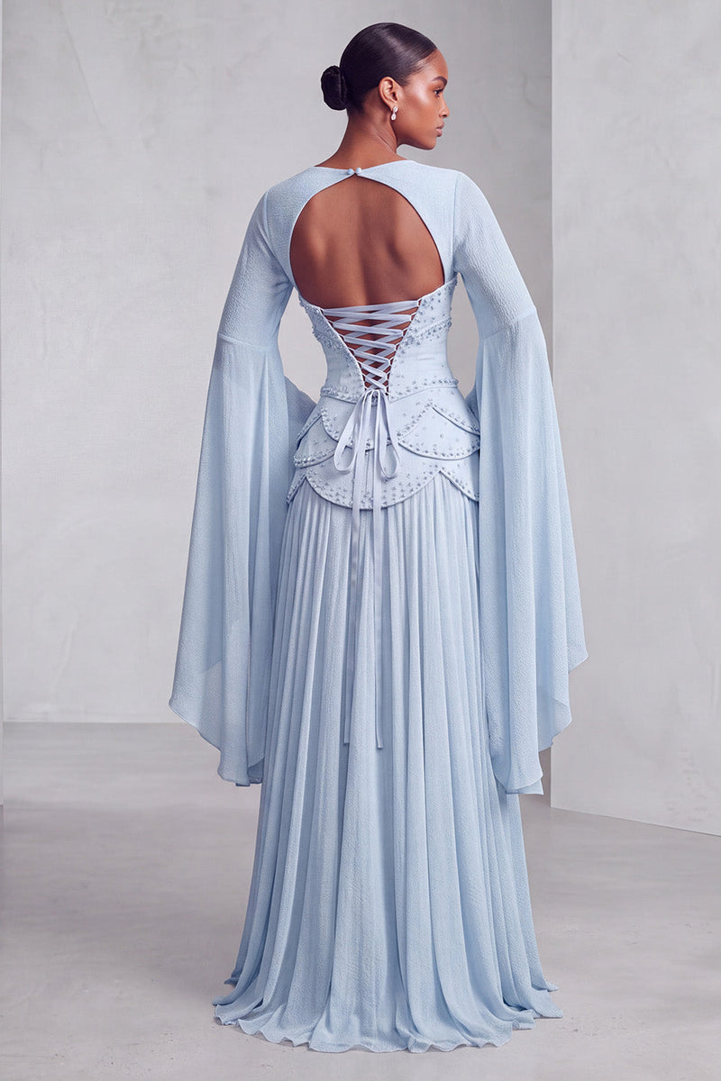 Load image into Gallery viewer, Blush Ruffled Beaded A Line Corset Long Sleeves Prom Dress